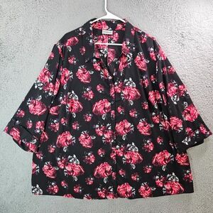 Catherines Shirt Top Women 3X Button Up Floral Print Roll‎ Tab Red Black